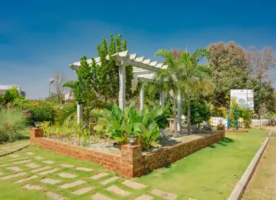 Landscaped pergola and garden space within vasudha project