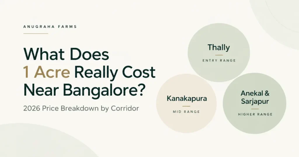 Price breakdown for 1 acre of farmland near Bangalore across Thally, Anekal and Kanakapura in 2026