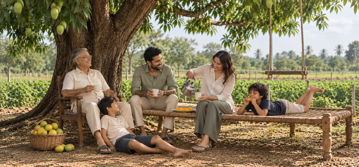 Family spending time together beside agricultural fields at a managed farmland community