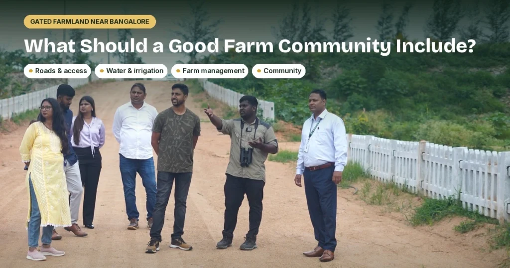 Gated Farmland Near Bangalore: What Should a Good Farm Community Actually Include? People touring a gated farmland community along an internal road surrounded by greenery.